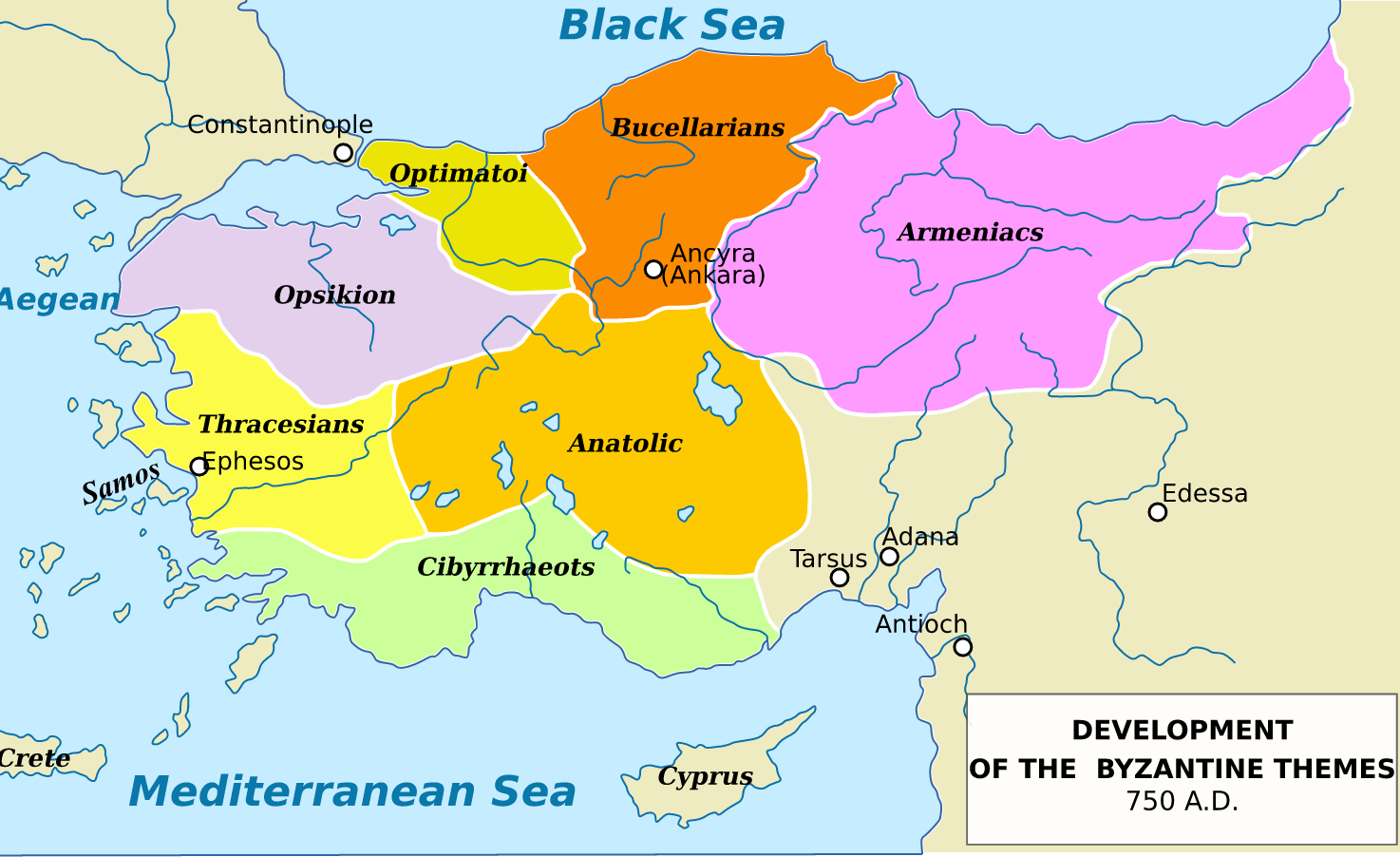 750 yılında Bizans İmparatorluğu'nun haritası. İmparatorluk themalara veya yerel yönetimlere ayrılmıştı.