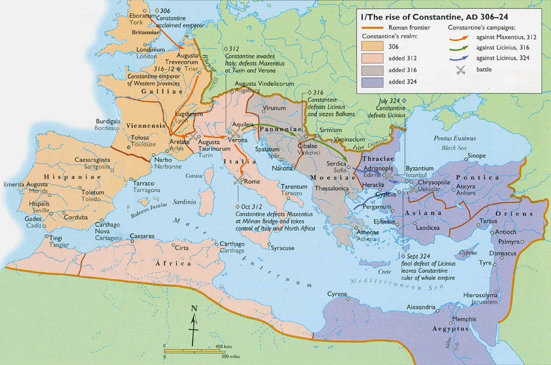 Bir zamanlar, günümüzdeki İtalya, Yunanistan, Türkiye ve başka toprakları da kapsamış olan, Konstantin'in imparatorluğunu gösteren harita.